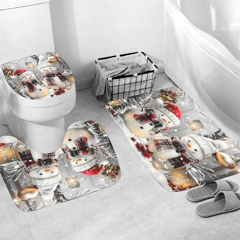 Chrainy Christmas Snowmen Shower Curtain Sets 4Pcs White Winter Snowflake Bathroom Set Holiday Decor with Non-Slip Rugs Bath U-Shaped Mat Toilet Lid Cover with 12 Hooks - Image 4